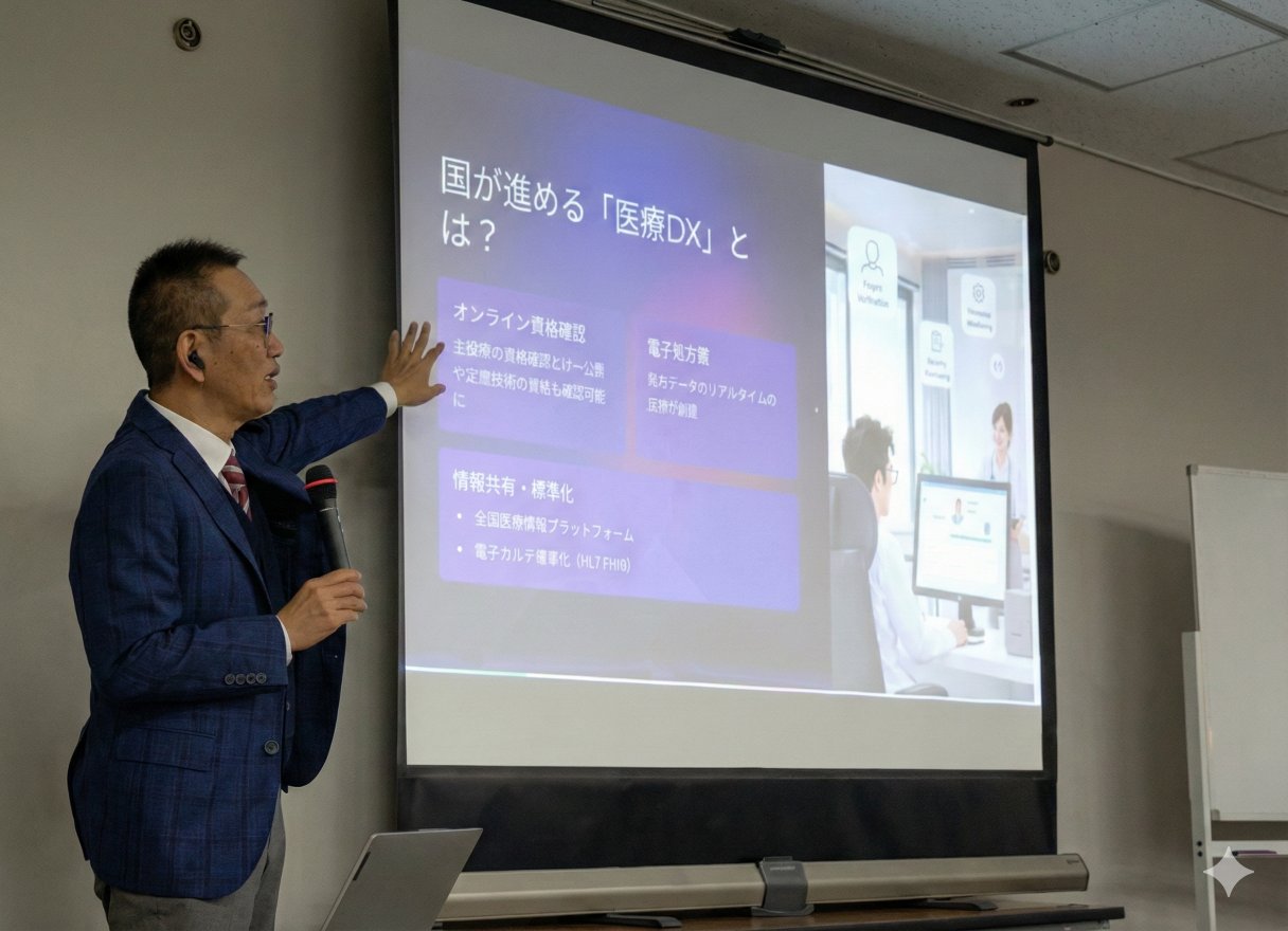講演する代表取締役 酒井陽一郎（スライド「国が進める『医療DX』とは？」の前で）