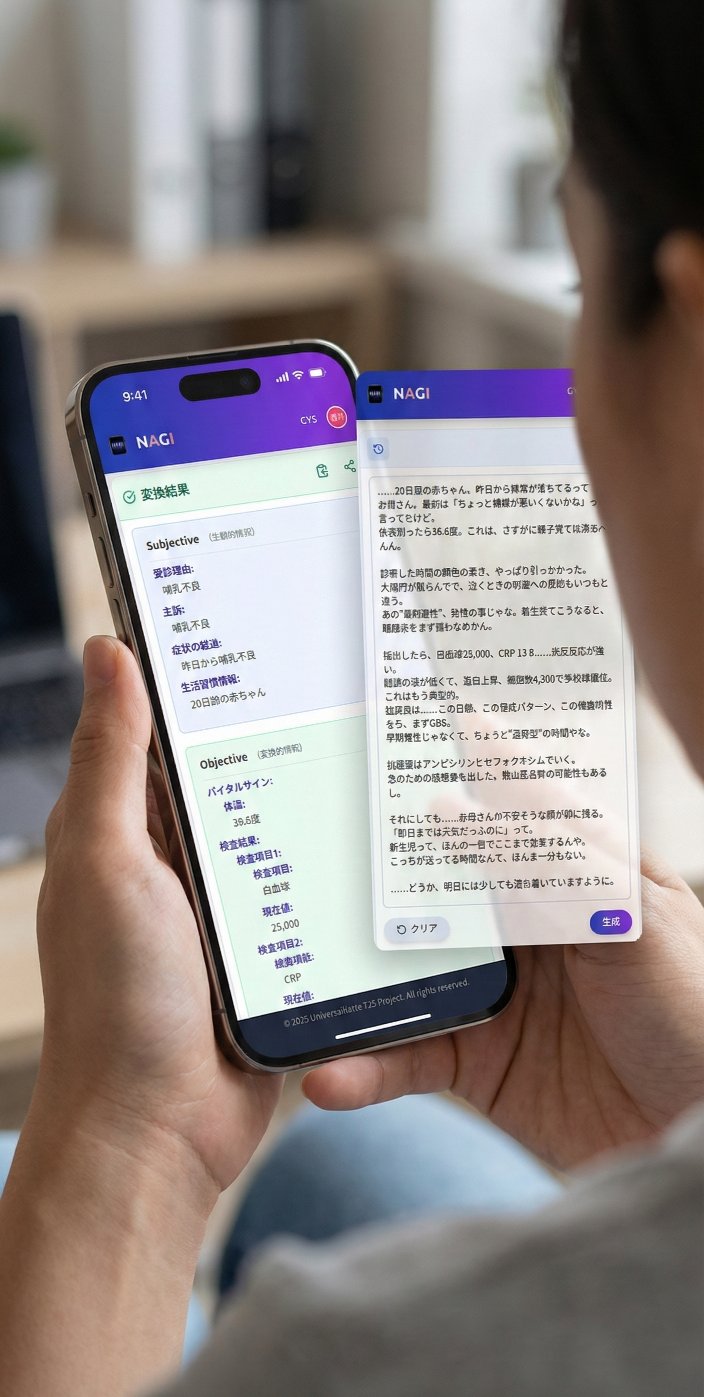 NAGI のスマートフォン画面。話した内容の文字起こしから SOAP 形式の変換結果が生成されている